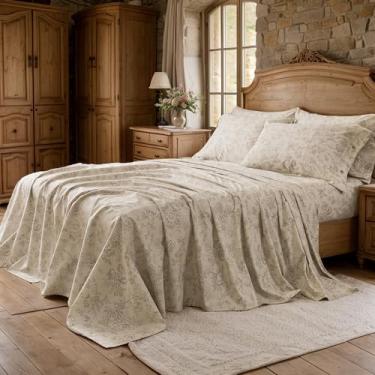 Imagem de FADFAY Jogo de lençol solteiro de algodão percal tamanho GG para faculdade – 4 peças de roupa de cama floral botânica vintage, macio e respirável, lençol com elástico alto, estilo country francês