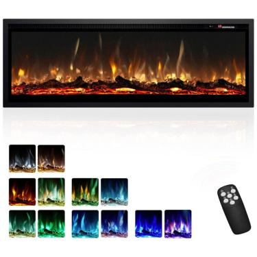 Imagem de Lareira Elétrica EUHOMY de 127 cm Embutida na Parede ou Autônoma com Controle Remoto - Chama Ajustável em Cores, Timer e Potência de
