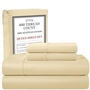 Imagem de Jogo de lençol Queen – Lençóis de cama e fronhas de algodão egípcio 400Tc – Macio, durável e luxuoso, 4 peças, lençóis de cama de cetim marfim para cama queen size, não comprime e encolhe grosso