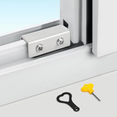 Imagem de Fechaduras de janela deslizante com chave – Pacote com 2 travas ajustáveis para janelas e portas deslizantes verticais e horizontais, sem instalação de broca, trava de segurança e segurança infantil