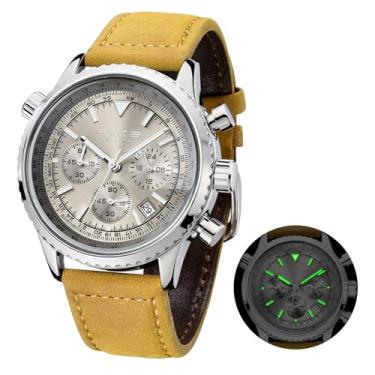 Imagem de FEICE Relógio masculino cronógrafo de quartzo à prova d'água – mostrador prateado de luxo, ponteiros luminosos, exibição de 24 horas, calendário de data, relógios masculinos com pulseira de couro