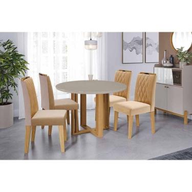 Imagem de Conjunto: Mesa de Cozinha Flora Tampo Madeirado c/ Vidro 109cm e 4 Cadeiras Juliana Cinamomo/Off White - Carvalho/Linho Bege - Cimol