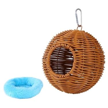 Imagem de Baoblaze de pássaro de vime artificial pendurado, cama de rede com almofada, casa de tecida à mão para gaios-azuis, periquitos, calopsitas e, Furo Único Azul