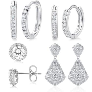 Imagem de MDFUN Conjunto de brincos de zircônia cúbica banhados a ouro branco 14K Hoops Huggie para mulheres, pacote com 2/5 pares, Latão, Zircônia cúbica