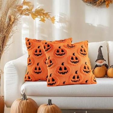 Imagem de Capas de almofada de outono 50 x 50 conjunto de 2 capas de almofada de sofá de pelúcia macia com estampa de abóbora assustadora para casa, pátio, varanda, sofá, cadeira de Ação de Graças, férias