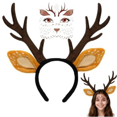Imagem de Conjunto de tiara e tatuagens faciais de orelhas de veado para fantasia de veado para mulheres e adultos – acessórios fofos para fantasias de chifre de rena, Halloween, Natal, animal, cosplay, festa