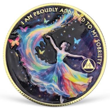 Imagem de Moeda de sobriedade de 14 anos feminina poder AA moeda colorida recuperação AA NA chips e medalhões comemorando 1-15 anos símbolo limpo e sóbrio narcóticos alcoólicos presentes anônimos para mulheres