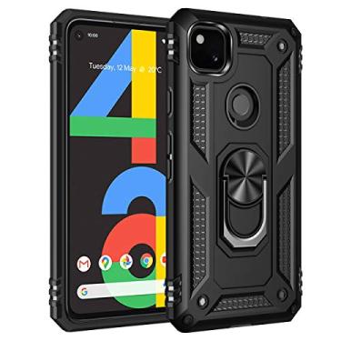 Imagem de SORAKA Capa para Google Pixel 4a com suporte de anel de metal, capa à prova de choque, borda de silicone macio, capa traseira rígida de policarbonato com placa de metal para suporte magnético de