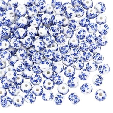 Imagem de UNICRAFTALE Cerca de 120 peças de contas de cerâmica impressas em flores 8 mm contas redondas de porcelana azul espaçador artesanal kit de contas artesanais para pulseiras faça você mesmo, colar