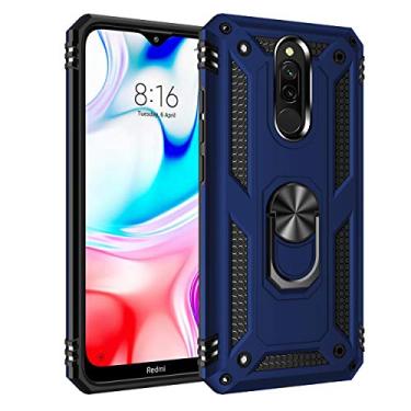 Imagem de SORAKA Capa para Xiaomi Redmi 8 com suporte de anel capa armadura Xiaomi Redmi 8 capa traseira de policarbonato rígido com placa de metal para celular magnético suporte de carro azul