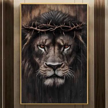Imagem de Arte de parede em tela de animais selvagens, pintura de leão africano, arte de parede, arte de fé cristã, pôster, impressão de leão, imagem coroa de espinhos, marrom, arte religiosa para sala de estar