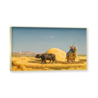 Imagem de NHLDZYH Moldura de champanhe. Pinturas a óleo famosas, (The Grain Threshers) de Jean Leon Gerome, reprodução impressa em tela, arte de cenário para decoração de sala de estar. 40 x 68 cm - 15,7 x 26,8