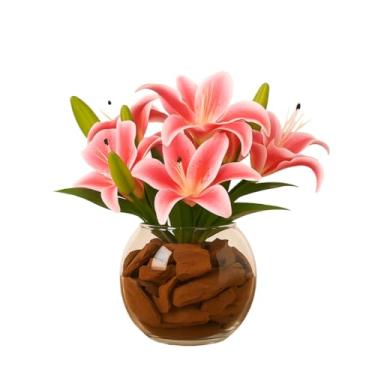 Imagem de Arranjo De Flores Artificiais Decorativas Lírios Realistas Em Vaso De Vidro Para Sala Mesa Escritório(Cor: Branco Com Rosa)