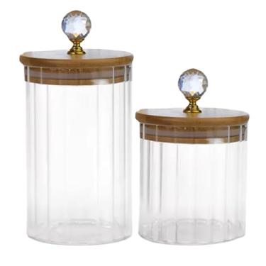 Imagem de Kit 3 Potes Herméticos CANELADO TRANSPARENTE CRISTAL Porta Condimentos Tampa Bambu Cozinha(2 Potes (P M))