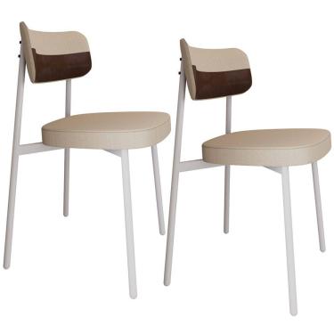 Imagem de Kit 02 Cadeiras Estofada Para Sala de Jantar Astrid Branco C01 Linho Areia Courino Whisky - Lyam Decor