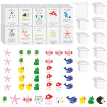 Imagem de Conjunto de presente de agradecimento de animais mistos de 50/100 peças, cartões engraçados de resina, lembrancinhas de bolso inspiradoras com brinquedos de resina, cartões e bolsa de organza para