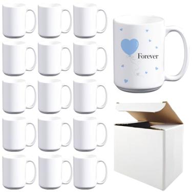 Imagem de LaiHiulaan Pacote com 15 canecas de sublimação de 425 g com caixas de alça redonda tazas para xícaras de café de 425 g para caneca de sublimação em branco produtos a granel