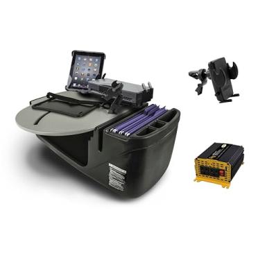 Imagem de AutoExec Mesa de carro AE-RMCD-PI-PM-TAB-PS-VC-GT Roadmaster e estação de trabalho portátil com inversor de potência de 400 watts, suporte para celular, suporte para tablet, suporte de impressora e
