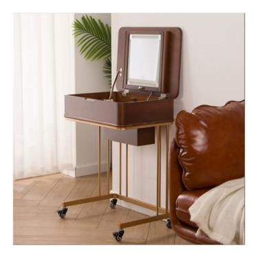 Imagem de Escrivaninha de penteadeira Penteadeira pequena com penteadeira, mini mesa de maquiagem gaveta armazenamento joias, espelho móvel madeira sólida