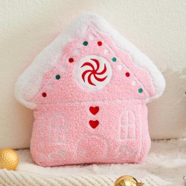 Imagem de CANGHI Travesseiro de Natal para casa de gengibre rosa 35,5 cm almofadas fofas em forma de pão de gengibre travesseiro decorativo de Natal para sofá, sala de estar e cama