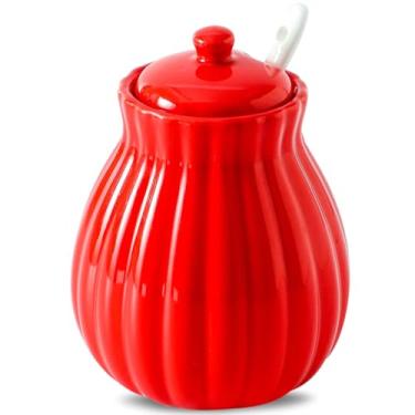 Imagem de Açucareiro com tampa e colher, recipiente de açúcar de cerâmica para barra de café, suporte de pote de açúcar, tigela distribuidora de açúcar para sal marinho, especiarias e açúcar, vermelho