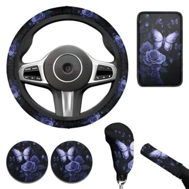 Imagem de WUYOJUXA Conjunto de capas de volante de borboleta branca para mulheres, copo de flor rosa, suporte de braço, capa de freio de mão, adequado para a maioria dos carros, caminhões, vans, SUV