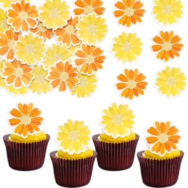 Imagem de Ephlyn 48Pcs Edible Daisy Cupcake Toppers Wafer Paper Flower Cake Topper Decorations Flower Chrysanthemum Party Decorations for Birthday Wedding Birthday Party Supplies Orange