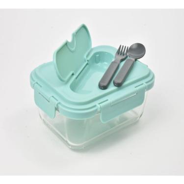Imagem de Lancheira com talheres de vidro e plástico Menta Green 20,8x15,7x