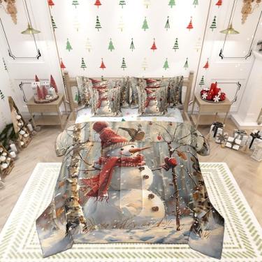 Imagem de Homewish Jogo de lençol King reversível Feliz Natal, desenho de boneco de neve, pássaro, animal, árvores de inverno, rústico, com edredom e lençol de cima