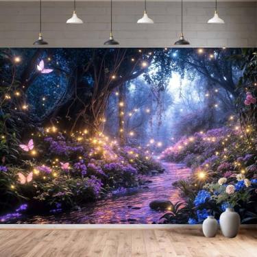 Imagem de Pano de fundo de floresta encantada, conto de fadas, jardim mágico, país das maravilhas roxo floral, fundo de borboleta para crianças, meninas, decoração de festa de aniversário, estúdio, fotografia