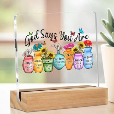 Imagem de Placa de acrílico cristã floral com suporte de madeira, presentes cristãos para mulheres, decorações de mesa motivacionais, presentes inspiradores para mulheres, homens, amigos, colegas de trabalho