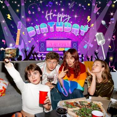 Imagem de Decoração de festa de karaokê cenário de karaokê música feliz aniversário faixa guitarra rock and roll aniversário fotografia fundo para crianças adultos 1,8 x 1,1 m