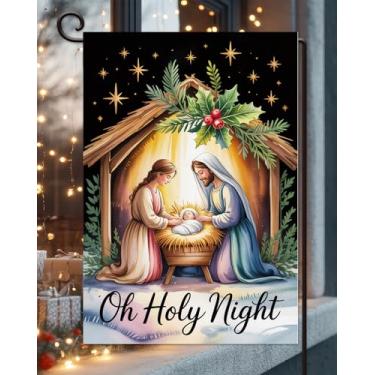 Imagem de Bandeira de Natal para jardim de presépio 30 x 45 cm dupla face, Oh Holy Night Winter Holiday Yard Lawn Outdoor Decorative Flag
