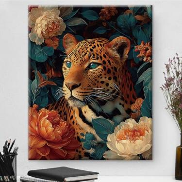 Imagem de Arte de parede botânica vintage de leopardo majestoso emoldurado - Decoração de parede com flores escuras Academia para quarto, sala de estar, casa, 20 x 25 cm