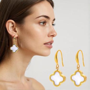 Imagem de Brincos elegantes com pingente de trevo de quatro folhas para mulheres, design floral leve de gancho, joia moderna presente para uso diário, F, Aço inoxidável, Sem pedra preciosa