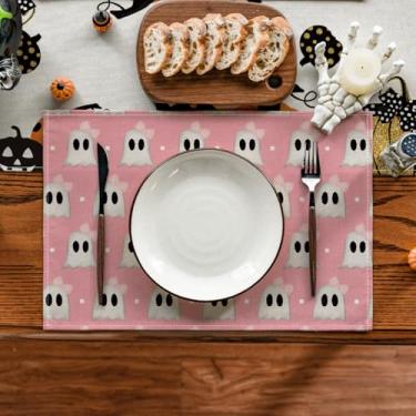 Imagem de Jogo americano assustador de Halloween Ghost Boo com listras rosas, conjunto de 4 tapetes de mesa vintage sazonais 30,5 x 45,7 cm para decoração de festa, cozinha, jantar