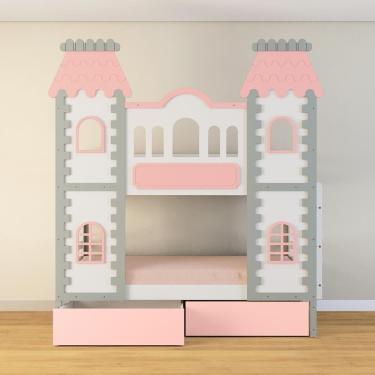 Imagem de Beliche Castelo Encantado 02 Gavetas Rosa - Madeira Maciça Branco/cinza/rosa Housin