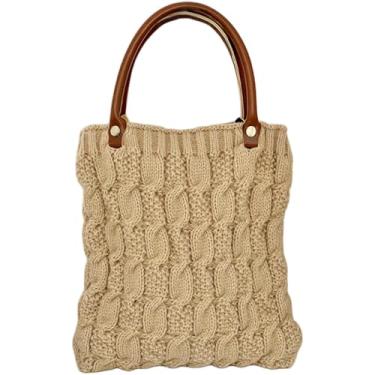 Imagem de Bolsa feminina de crochê de tricô para mulheres, alça superior de couro, cor sólida, bolsa de mão pequena, Caqui, One Size