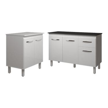 Imagem de Balcão Para Microondas Ou Forno Branco E Armário Aline 118 Cm Cozinha Gabinete Branco Com Tampo Tampão Preto