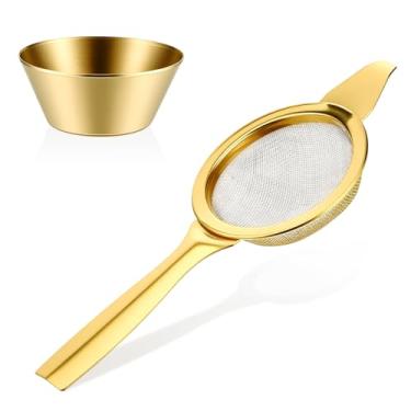 Imagem de LIQWEI 1 coador dourado matcha de 5,6 cm, peneira matcha, filtro dourado de aço inoxidável, pequenos filtros de malha fina com base de alça para chá solto e café e coquetéis