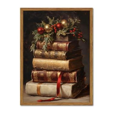 Imagem de Arte de parede em tela de Natal vintage emoldurada, pinturas de decoração de parede de livro de Natal rústica, impressões de fotos retrô de férias de inverno Dark Academia Decoração de casa para sala