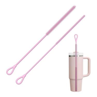 Imagem de Escova de limpeza de palha de silicone, 2 peças de escova de limpeza de palha extra longa, escova de limpeza de cerdas para limpeza Stanley, canudos de vidro de metal, tampa de bebida (rosa)