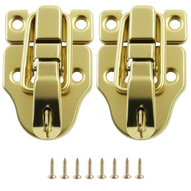 Imagem de Moicstiy Pacote com 2 travas de metal, trava de ferrolho de bico de pato com furo de cadeado e parafusos, trava de caixa para armário, caixa de joias, baú, caixa de madeira comum (ouro)