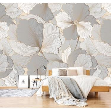 Imagem de LOOWAP Papel de parede autoadesivo de folha cinza e branca para quarto e sala de estar