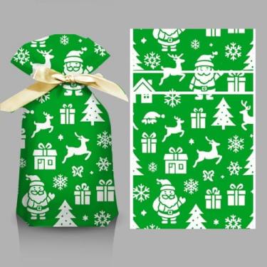 Imagem de 50 unidades de sacos de doces de Natal com fita, padrões festivos variados (rena, Papai Noel, floco de neve), sacos de embalagem para doces e biscoitos para presente de Natal e lembrancinhas de festa
