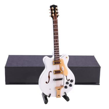 Imagem de Dselvgvu Guitarra elétrica em miniatura de madeira com suporte e estojo Mini instrumento musical réplica de guitarra elétrica estatuetas colecionáveis modelo decoração de casa ornamento de exibição