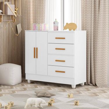 Imagem de Cômoda Infantil 4 Gavetas 2 Porta Mdp 12cm Pintura Uv Corrediças Metálicas Lite Branco