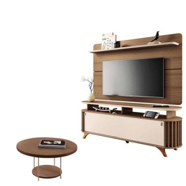 Imagem de Rack Bancada Alba Com Painel Curv Com Mesa De Centro Sky Castanho Off White - Hb Móveis