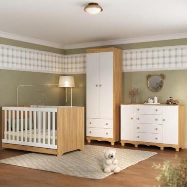 Imagem de Quarto de Bebê Completo com Berço Americano 3 em 1 Dengo Multimóveis Mp4596 Madeirado/branco
