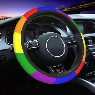 Imagem de Capa de volante gay arco-íris 38 cm universal neoprene direção LGBT orgulho bandeira capas de roda para mulheres homens carro envoltório de volante carro acessórios de proteção interior adequado para